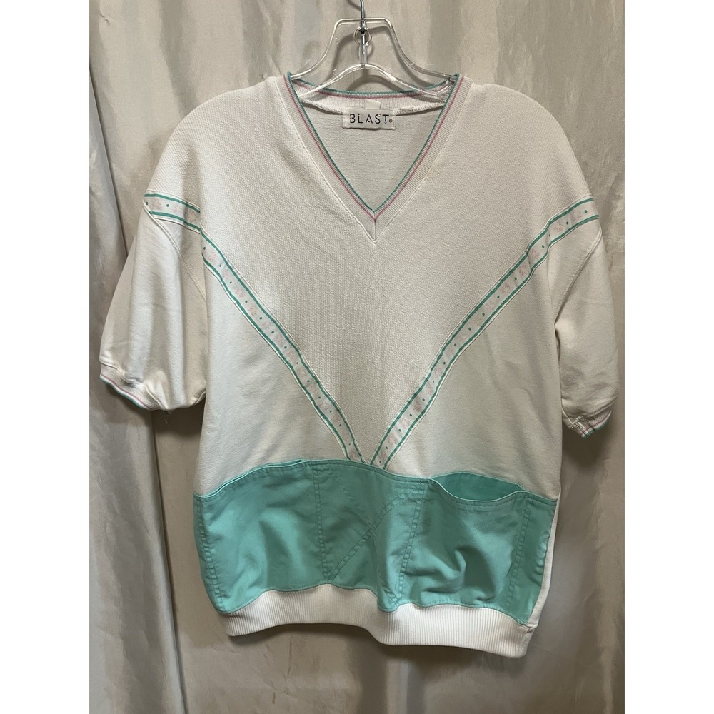 VTG 80's BLAST V-neck Pocket Top Tennis Shirt Women's White Teal Pink Stripe